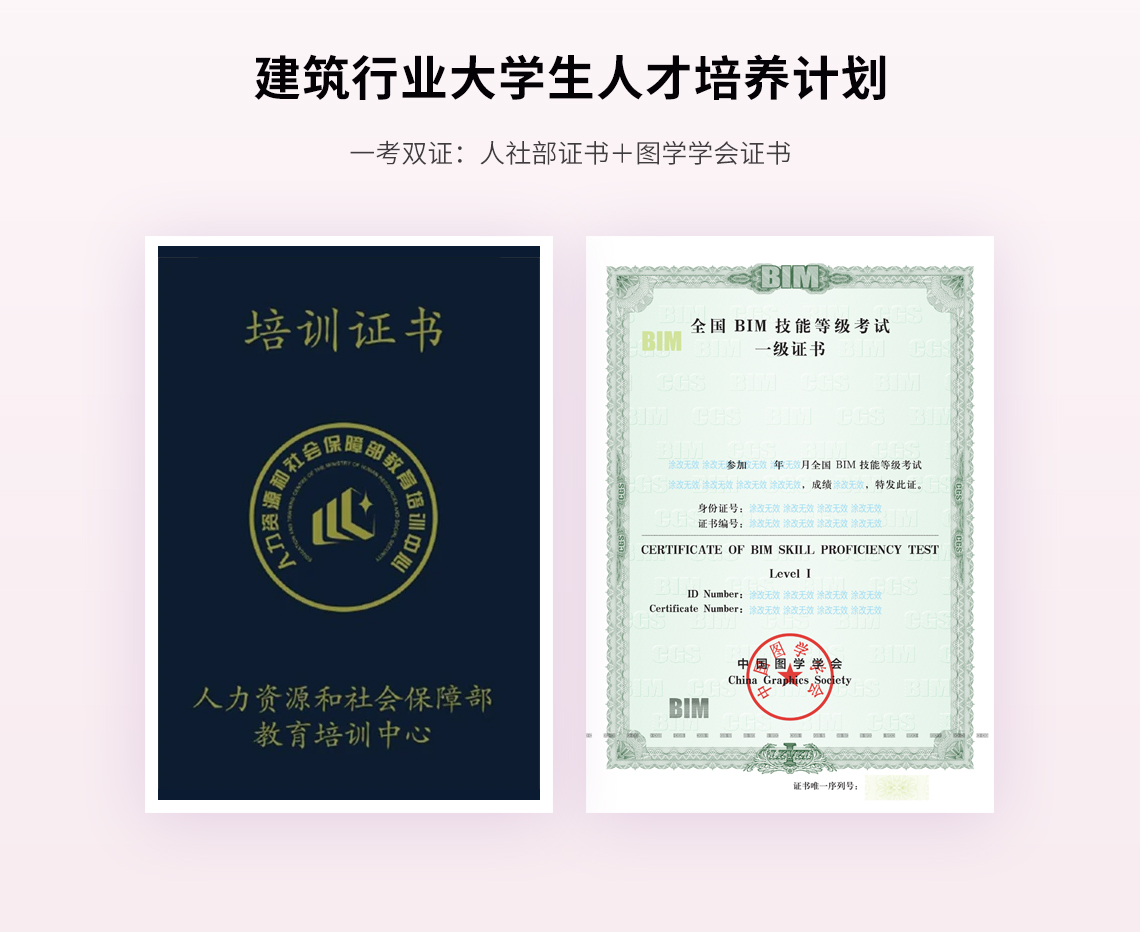 考试通过颁发人社部教培中心bim一级证书以及中国图学学会全国bim等级