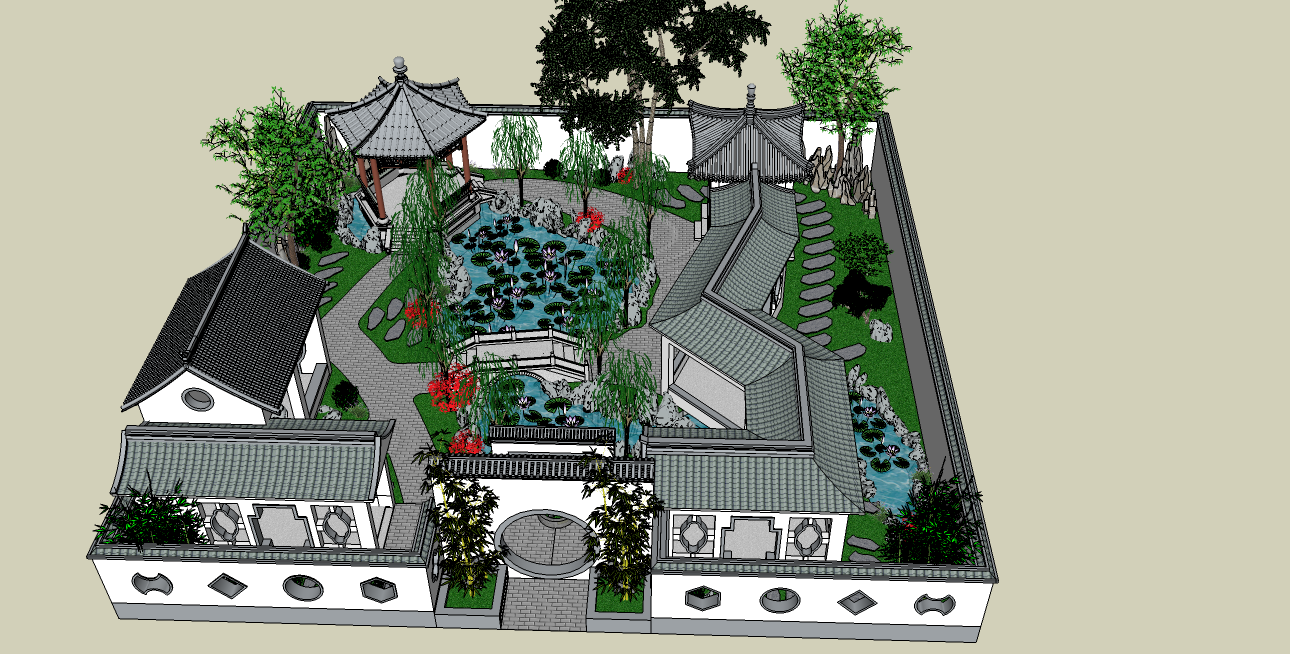 cad古典庭院平面图资料下载-中式古典园林庭院景观su模型
