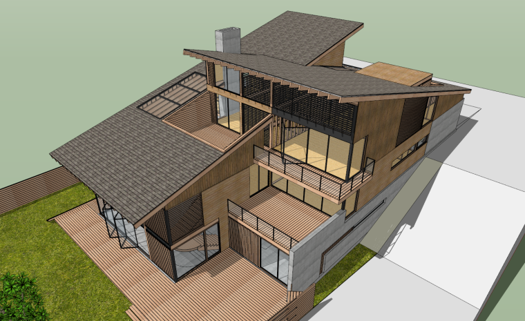 现代住宅家居空间斜面木结构建筑设计su模型