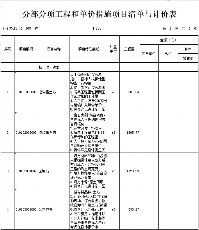 [分享]边坡工程招标工程量清单资料下载