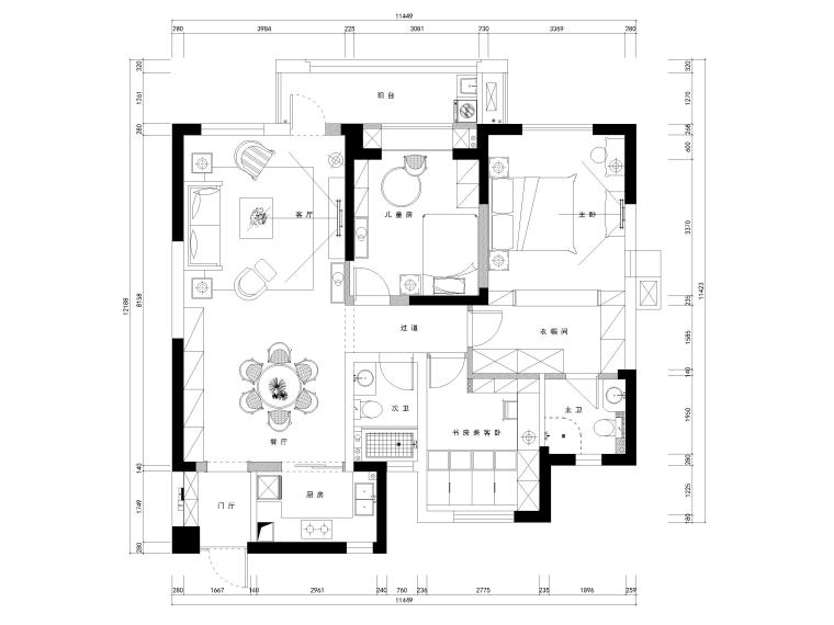 [武汉]100㎡美式三居室家装装修设计施工图