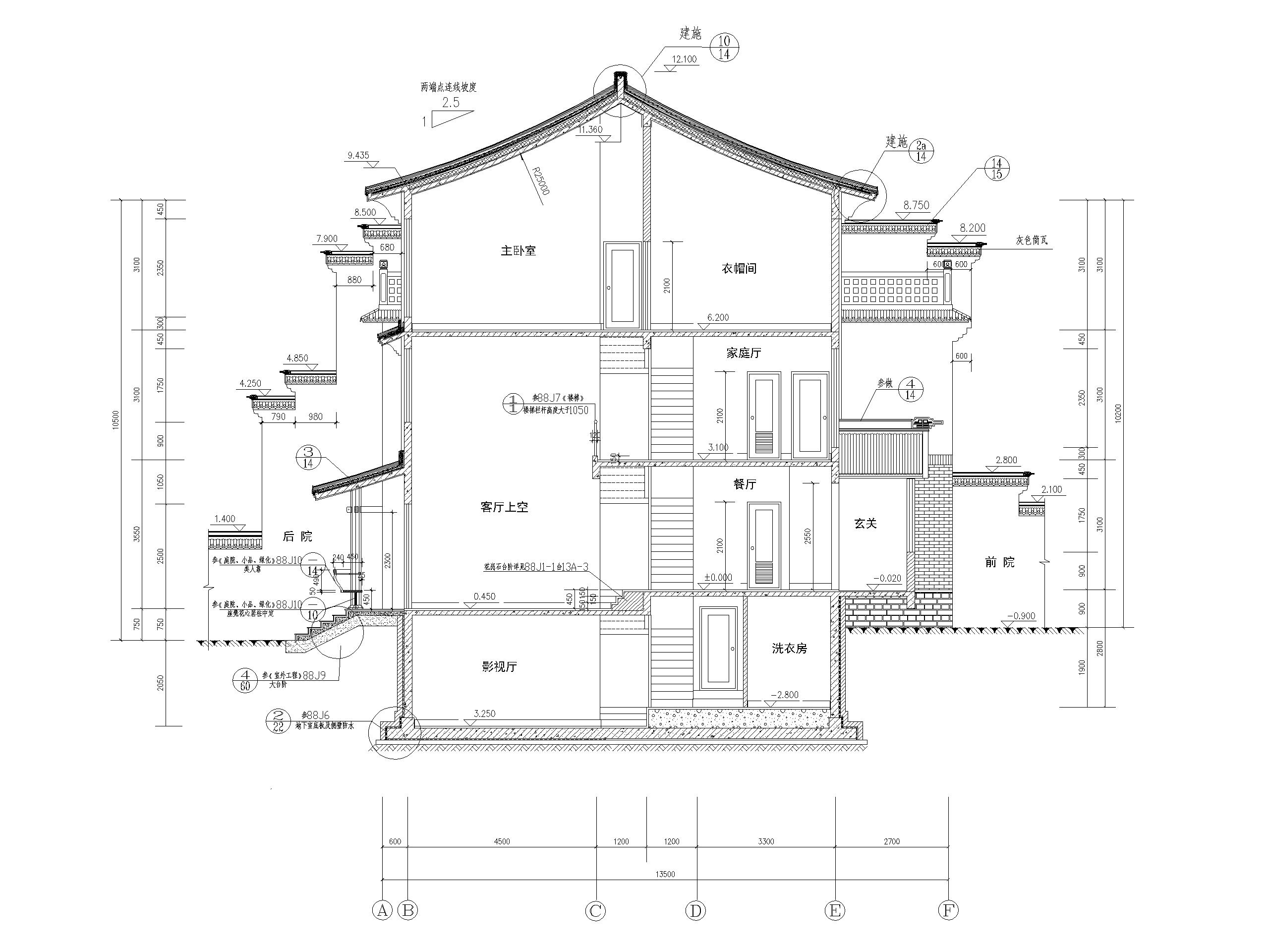 某中式高档仿古别墅全套施工图-剖面图