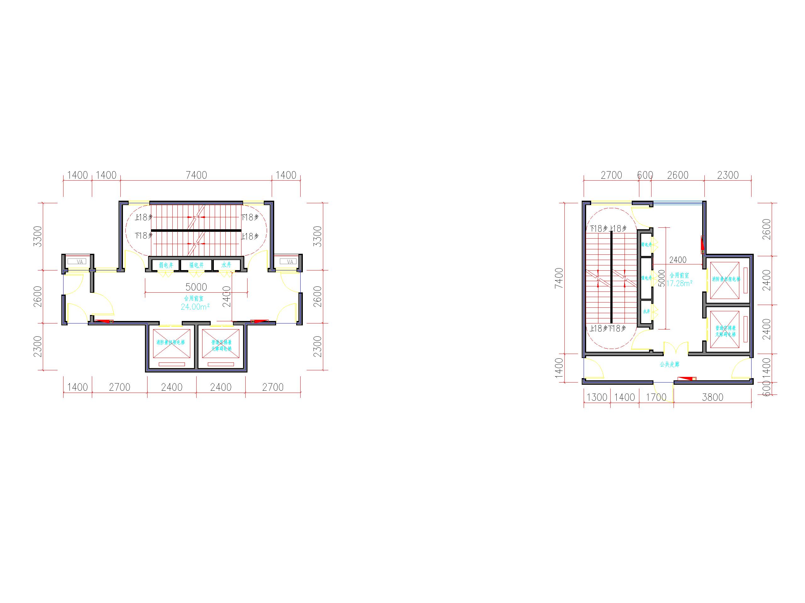 楼梯前室资料下载-核心筒楼梯电梯消防前室规范cad图