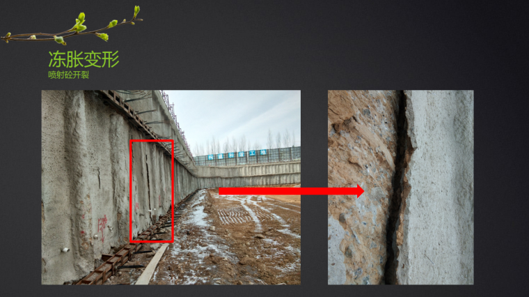 冻胀变形 -地面裂缝,腰梁变形,喷射砼开裂 √冻胀坍塌 √冻融流 二