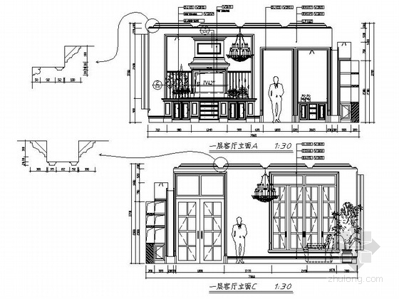 豪华美式风格三层别墅样板间室内装修设计施工图(含效果)客厅立面图