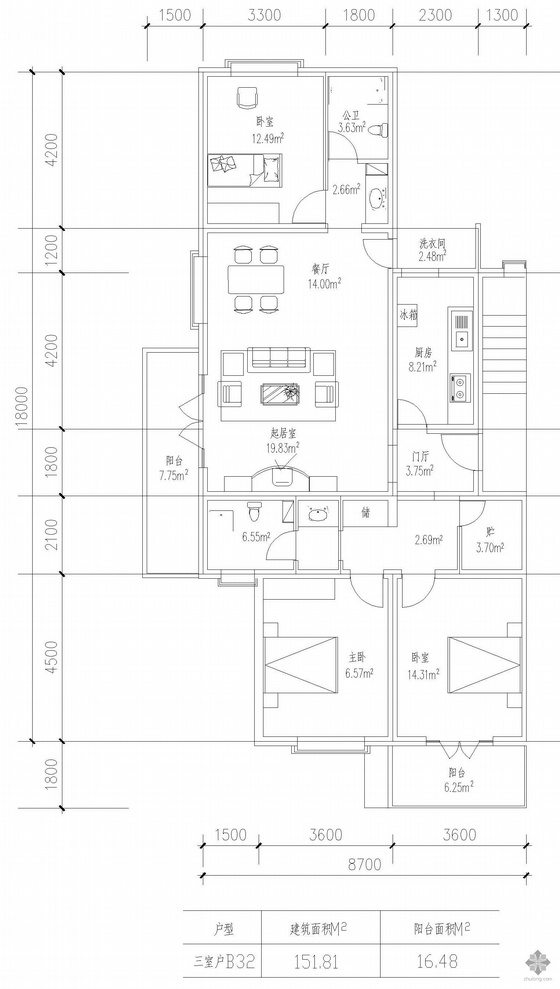 板式多层一梯两户户型图(152/152)