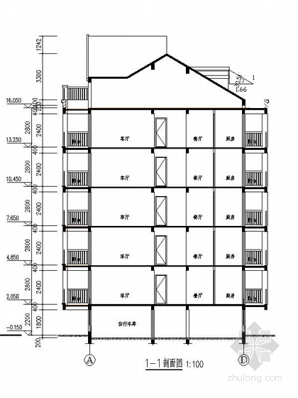 多层框架结构坡屋顶带阁楼住宅建筑剖面图