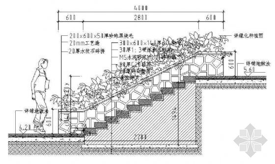 内容简介 花坛台阶施工图,包括平面和剖面.