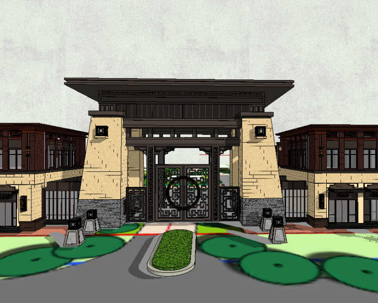 新中式入口大门模型设计