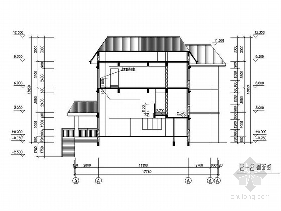 三层框架结构带阁楼别墅建筑剖面图
