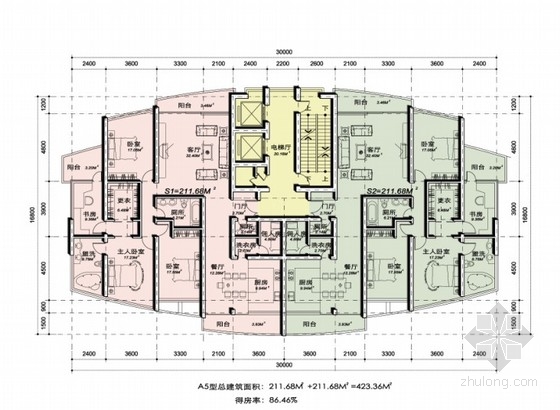 [上海]浦东某住宅小区塔楼户型平面图