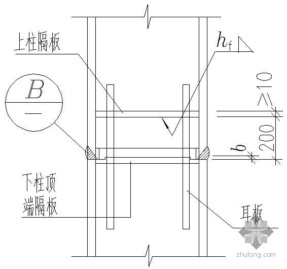 某箱形截面柱的工地拼接及设置安装耳板和水平加劲肋的节点构造详图