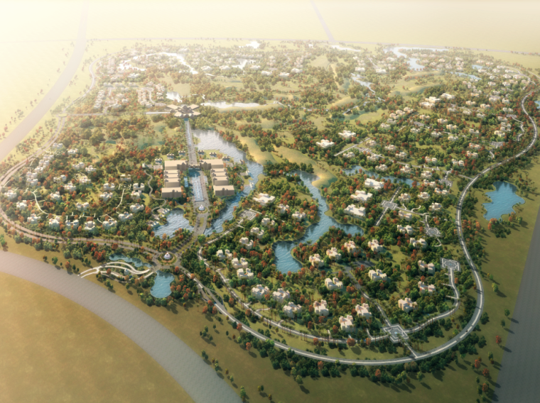 城市效果图素材资料下载-城市规划效果图—河流和密集的城市俯瞰图psd素材