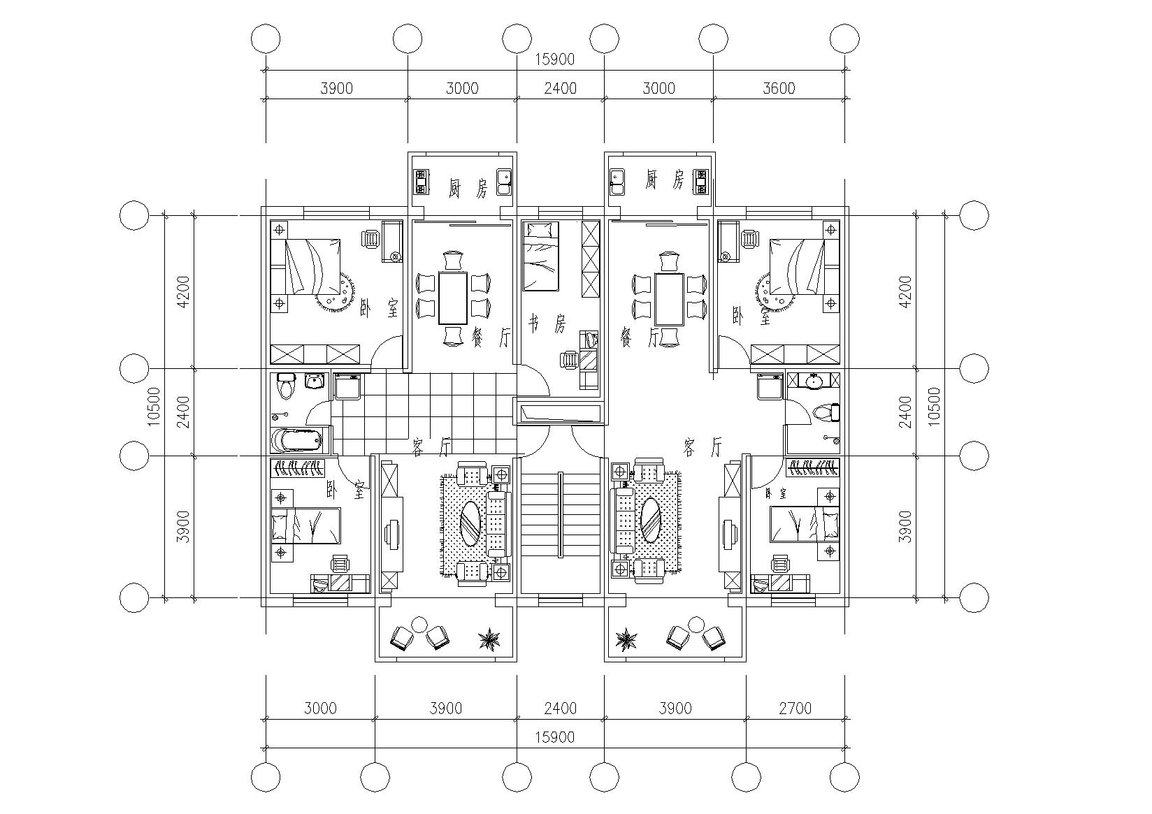 六个一梯四户住宅户型平面图免费下载 - 建筑户型平面图 - 土木工程网