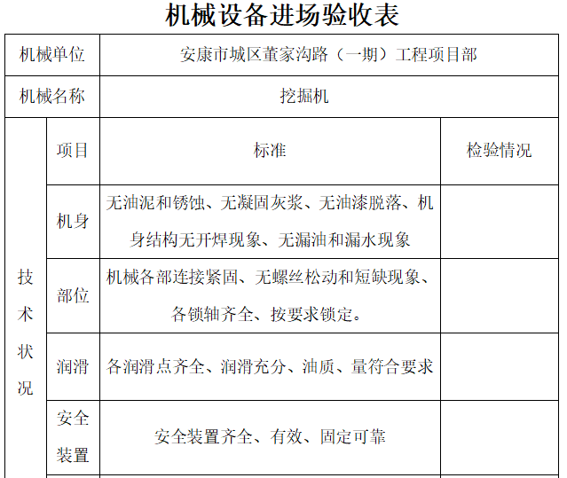 施工机械验收资料下载-机械设备进场验收表（完整版）