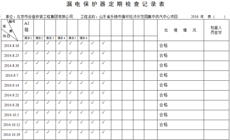 检查作业记录资料下载-漏电保护器定期检查记录表 （完整版）