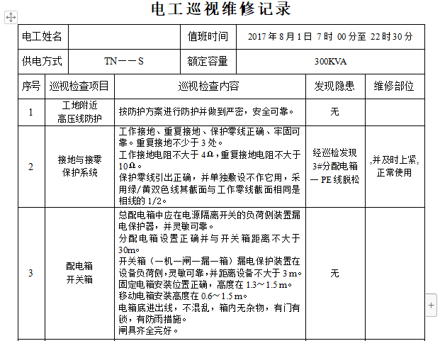 监理巡视记录模板资料下载-电工巡视维修记录（2017年）