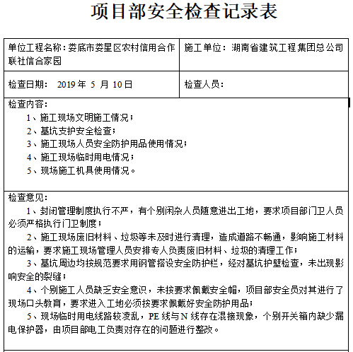 施工项目部管理用表资料下载-项目部安全检查记录表（2019年）