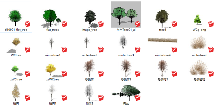 植物立面图片资料下载-​23套植物su模型-冬季植物,立面树,枯树