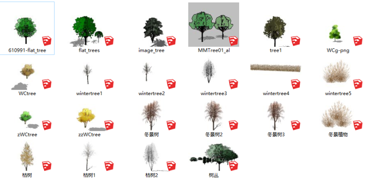 su模型室内植物资料下载-​23套植物su模型-冬季植物,立面树,枯树