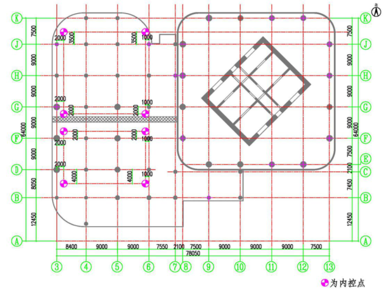 [北京]钢管混凝土框架金融中心测量施工方案-66地上裙楼平面内控点布置示意图