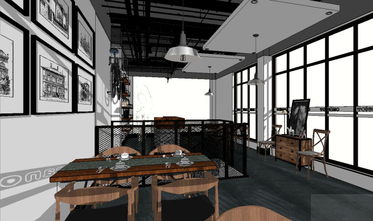 一城半点餐饮空间资料下载-北欧工业复古LOFT原木餐饮空间SU模型