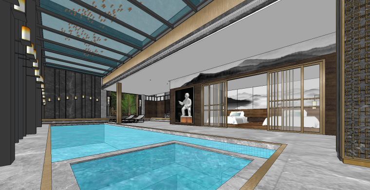 佛罗里达家庭泳池景观资料下载-新中式家庭游泳池SU模型设计