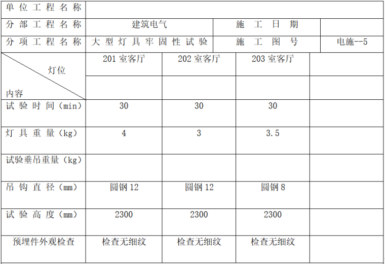 福建试验资料表格资料下载-大型灯具牢固性试验记录表格