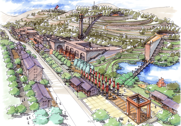 62张滨水公园田园风光透视图,鸟瞰图手绘