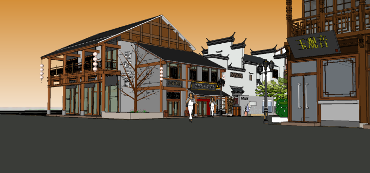 古建筑彩绘软件资料下载-中式古建筑-古建筑商业街SU模型