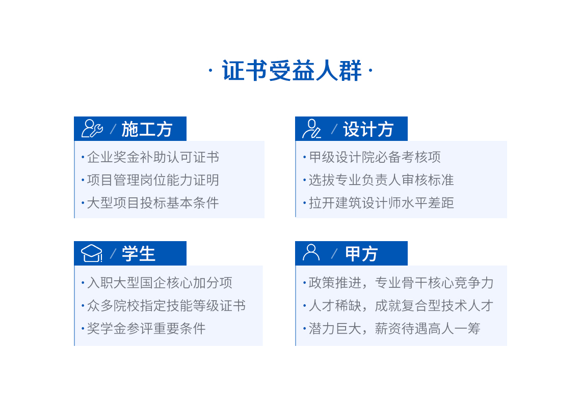 为什么要考BIM等级证书？考BIM证书优势大，工程师、设计师、甲方和学生都适合考。人社部和图学会BIM证书全国通用。