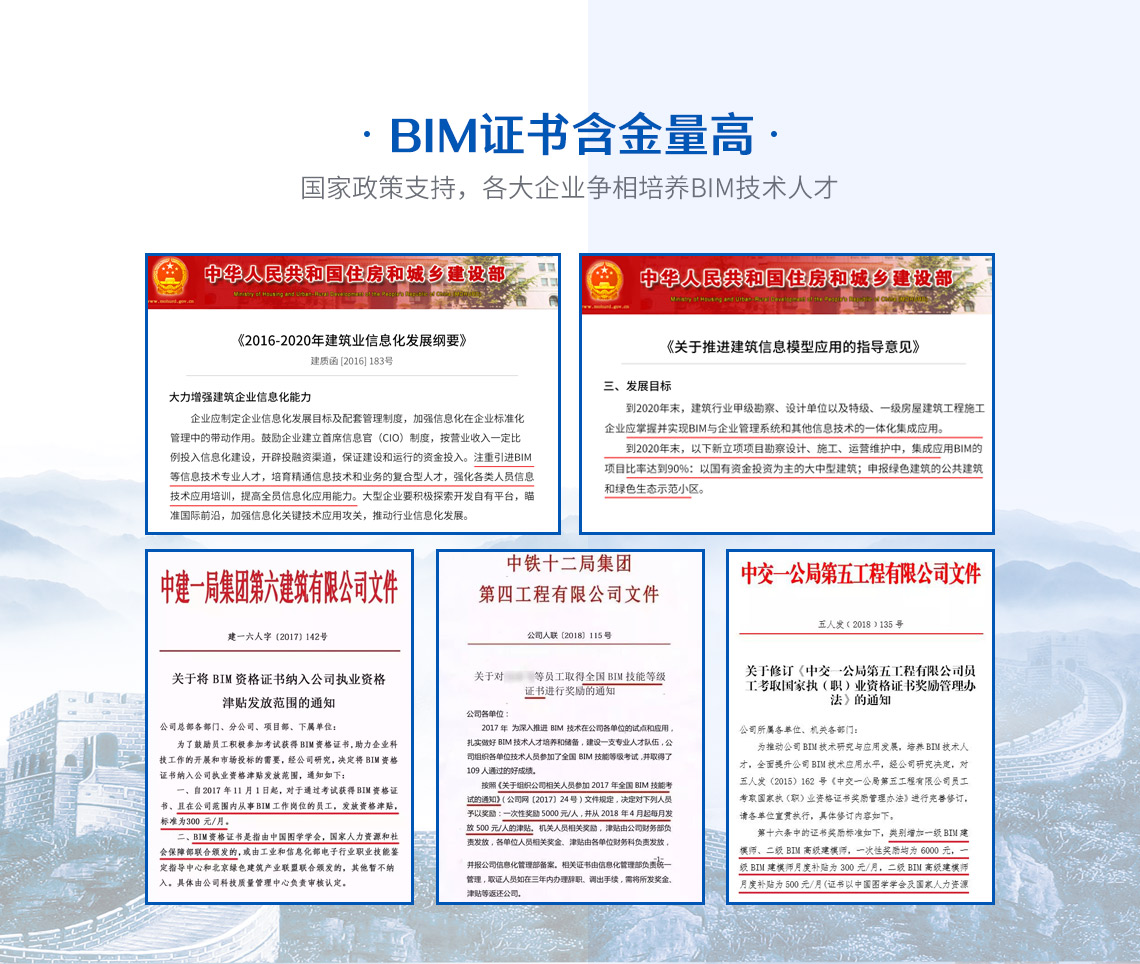 BIM证书含金量高，国家政策支持，各大企业争相培养BIM技术人才，对获得BIM等级证书的员工给予奖金和补贴。