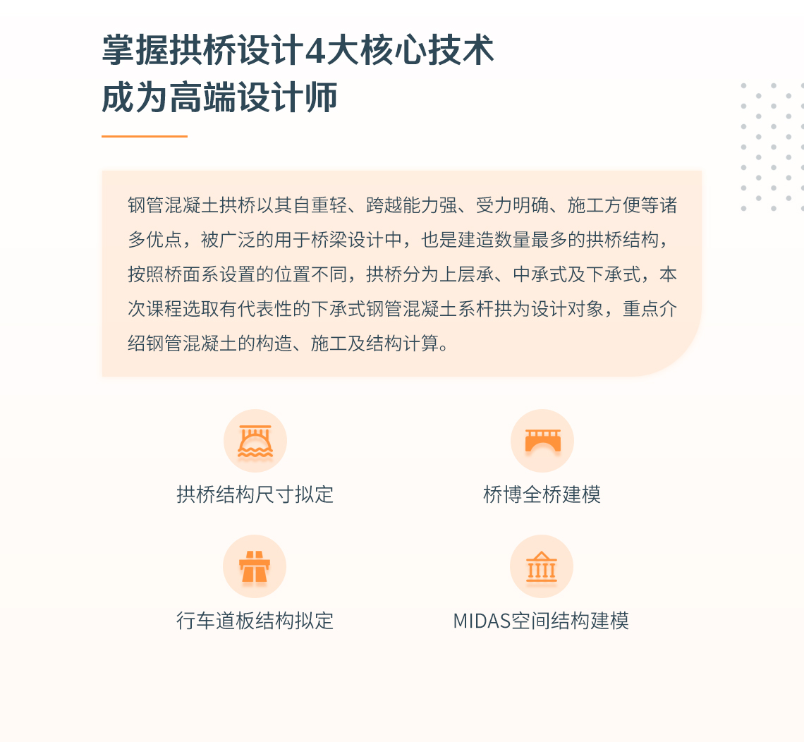 拱桥结构设计，主要讲系杆拱桥设计，主要就设计院中拱桥实用设计做法进行详细讲解，理论结合实际，对设计类似系杆拱桥非常有参考价值。含拱桥结构计算、桥博教程、MIDAS教程，锻炼动手能力。" style="width:1140px;