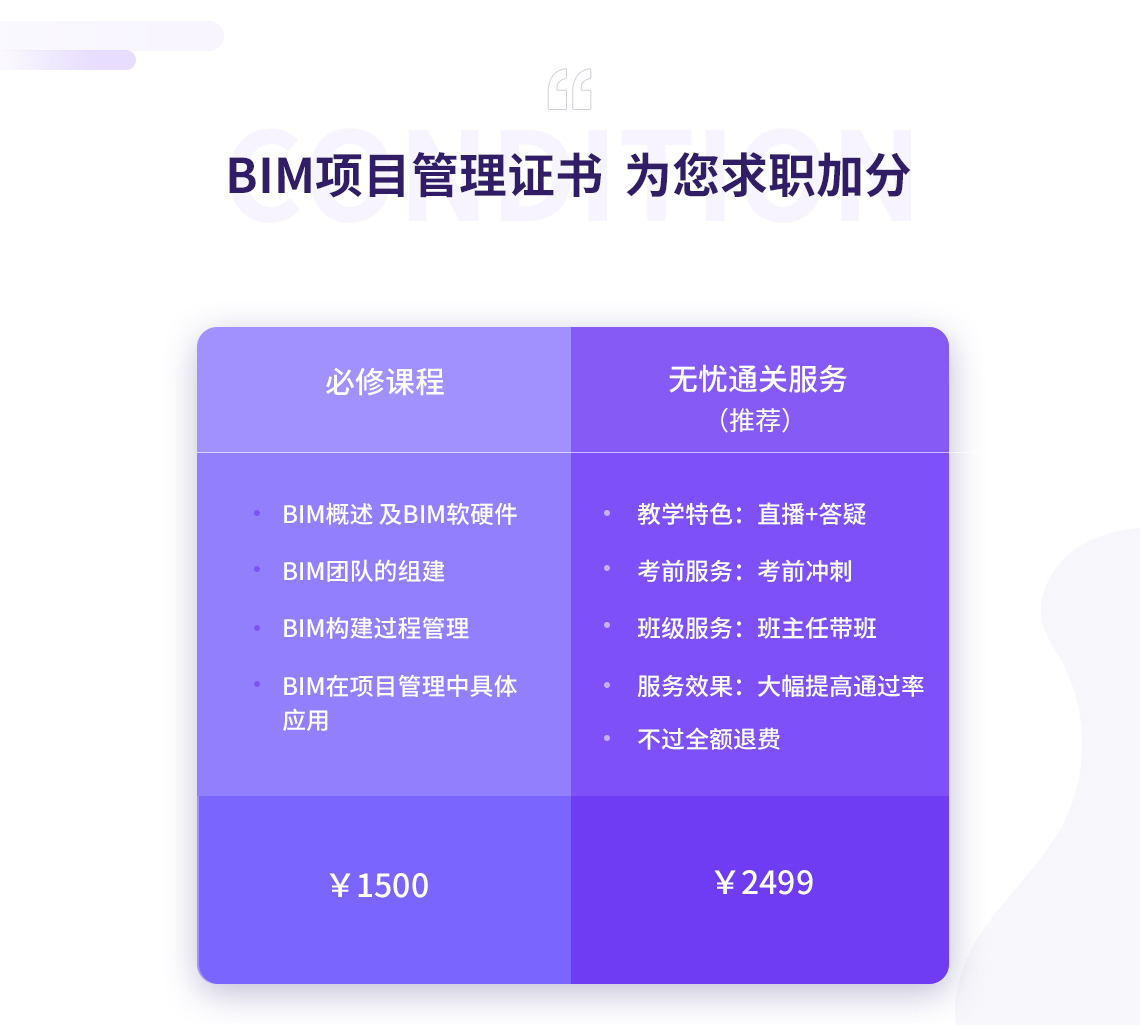 BIM项目管理证书考试课程服务：必修课程+无忧通关服务，两项构成BIM项目管理证书考试课程的服务体系，让你无忧通过BIM项目证书管理考试。" style="width:1140px;