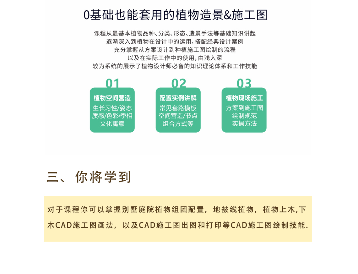 学习1周可以掌握别墅庭院植物组团配置，地被线植物，植物上木，下木CAD施工图画法，以及CAD施工图出图和打印等CAD施工图绘制技能" style="width:1140px;