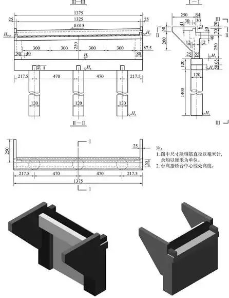 圖11-9 橋臺結構圖及立體示意圖