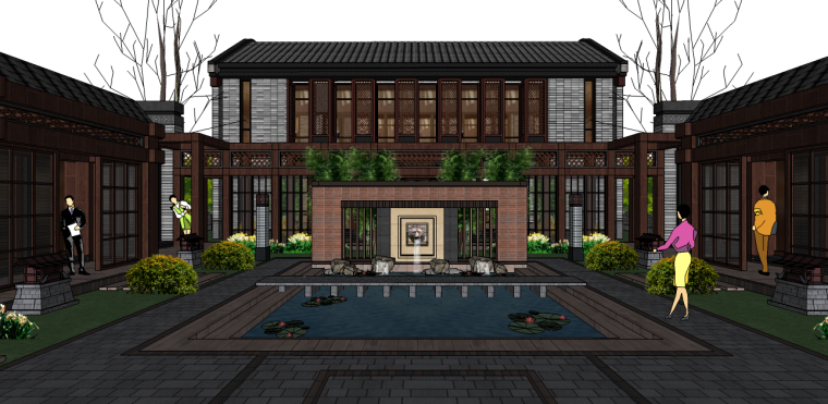 景观新中式酒店su资料下载-新中式民宿小院建筑景观su模型