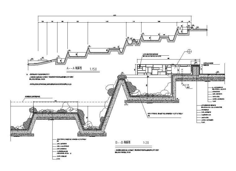 景观细部施工图—溪流水池施工图设计-景观溪流剖面大样施工图一
