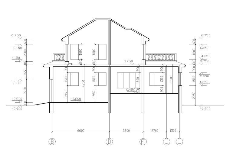 欧式风格独栋别墅建筑施工图（CAD）-2-2剖面图