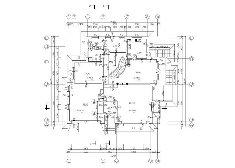 欧式风格独栋别墅建筑施工图（CAD）-一层平面图