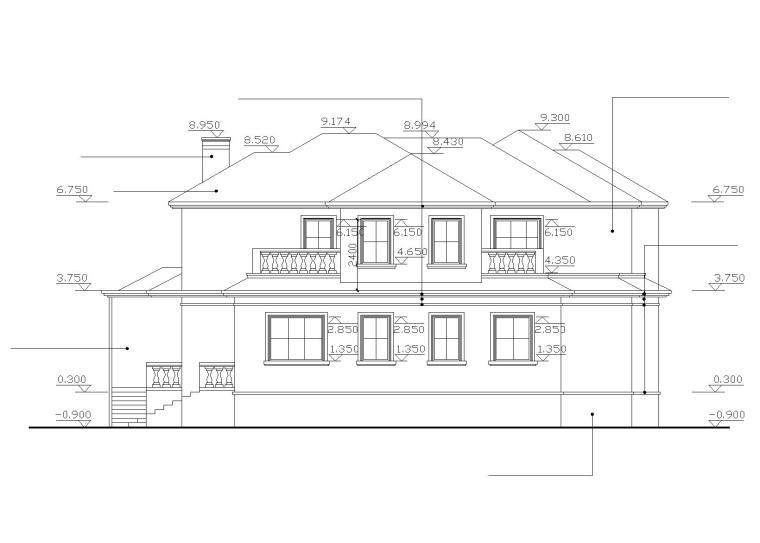 欧式风格独栋别墅建筑施工图（CAD）-立面图2