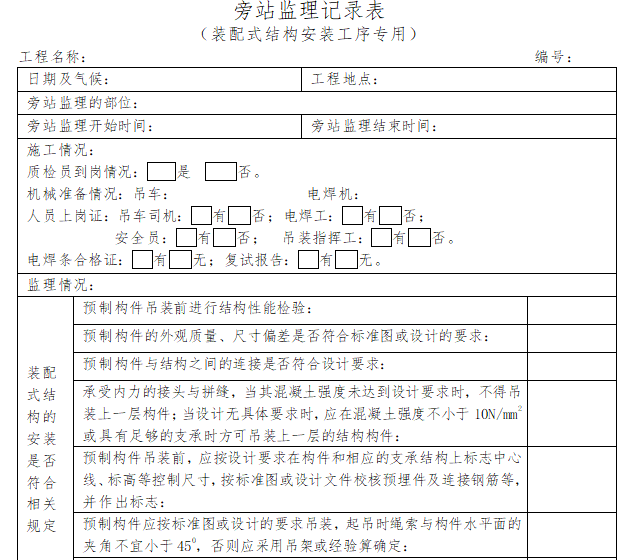 装配式结构安装旁站监理记录表-旁站监理记录表