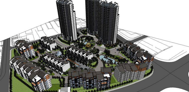 中式风格居住区设计资料下载-中式风格居住区精细景观su模型