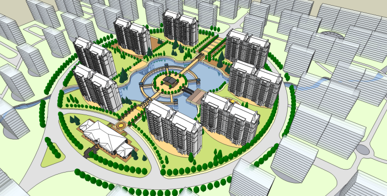 居住小区规划效果图资料下载-圆形居住小区规划su模型
