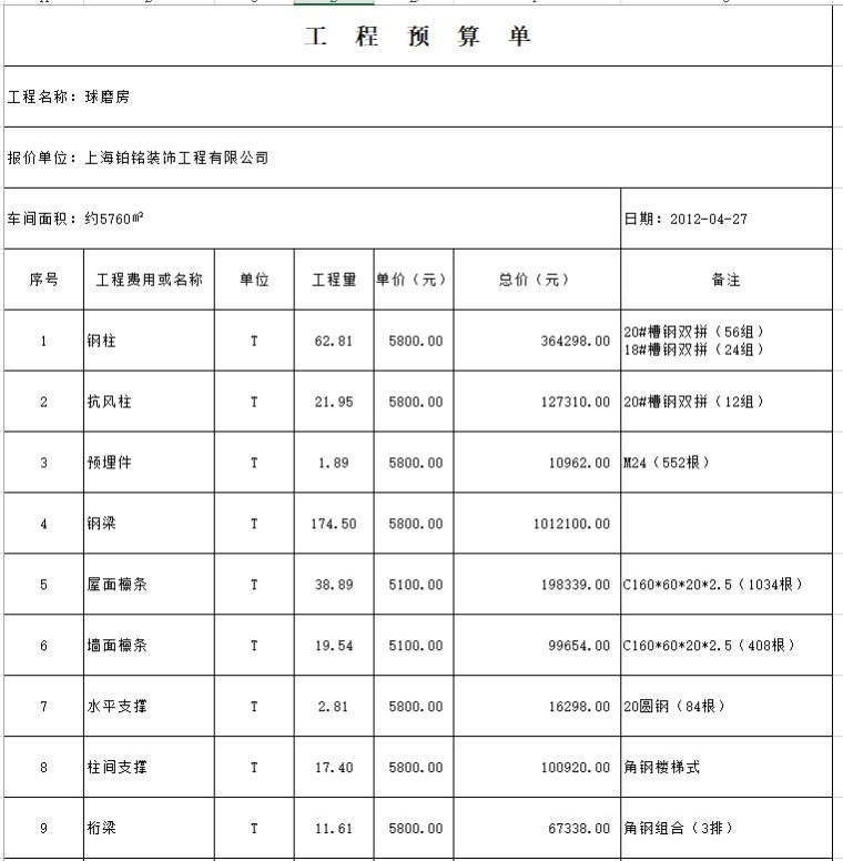 钢结构厂房的价格预算表-3、球磨房