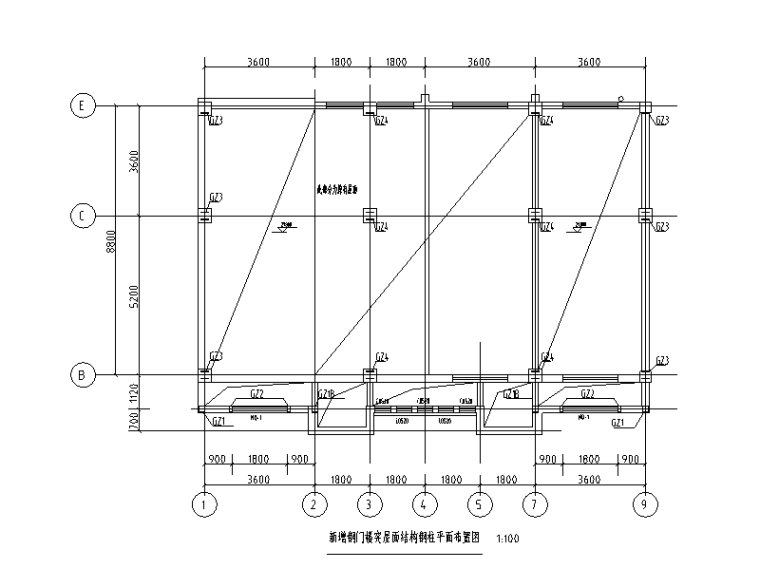 [淮南]教学楼改造施工图（建筑结构水电）-新增钢门楼突屋面结构钢柱平面布置图