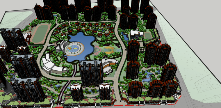 20公顷居住区规划设计资料下载-20公顷现代居住区景观su模型（含：建筑，别墅su模型）