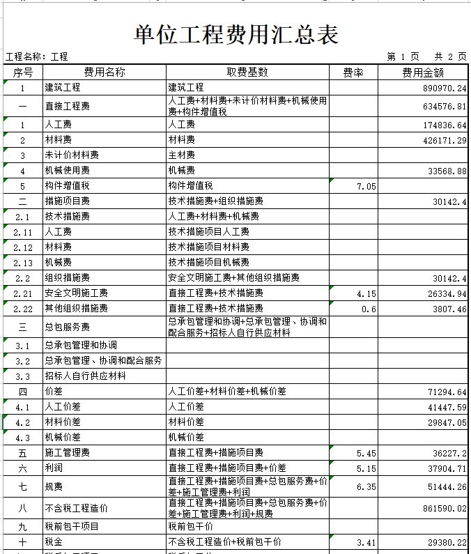 框架结构预算书-3、单位工程费用汇总表