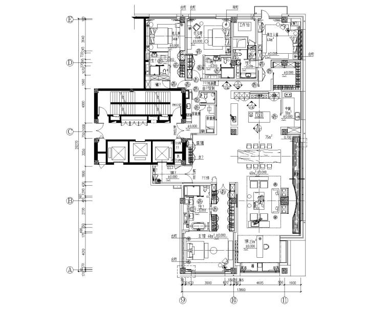 样板间方案设资料下载-北京知名地产北河沿甲柒拾柒號院四居室样板间CAD施工图+方案+效果图