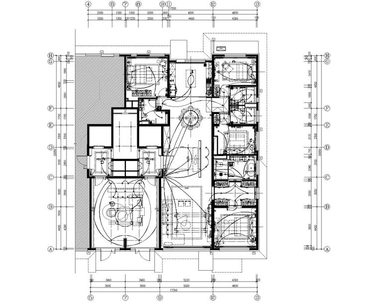 北京五矿知名地产如园四居室样板间CAD全套施工图+软装设计方案+效果图-7天花灯具连线